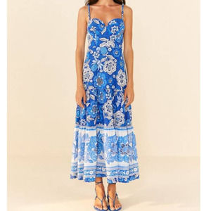 FARM Rio Blue and White Floral Tiered Maxi Dress